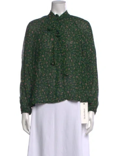 Pre-owned Reformation Floral Print Tie Neck Blouse In Green