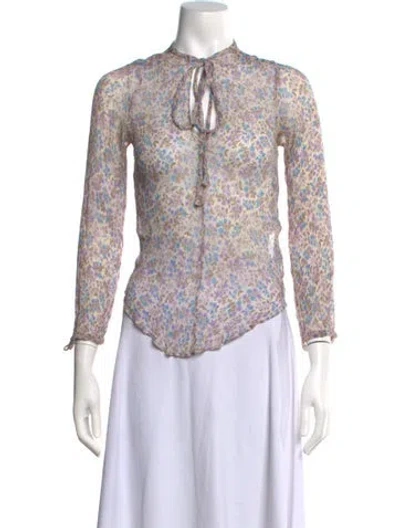 Pre-owned Reformation Floral Print Tie Neck Blouse In Multi