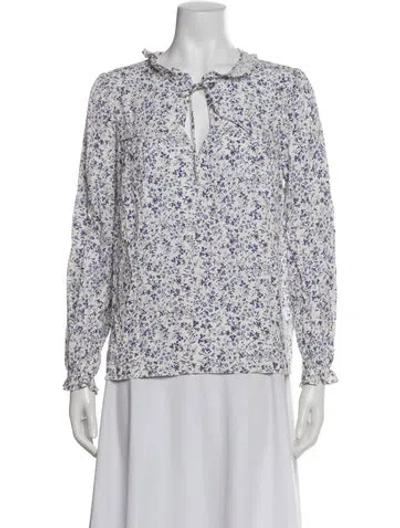 Pre-owned Reformation Floral Print Tie Neck Blouse In White