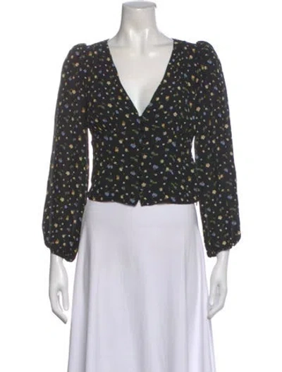 Pre-owned Reformation Floral Print V-neck Blouse In Black