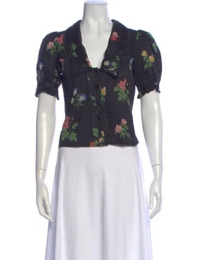 Pre-owned Reformation Floral Print V-neck Blouse In Black