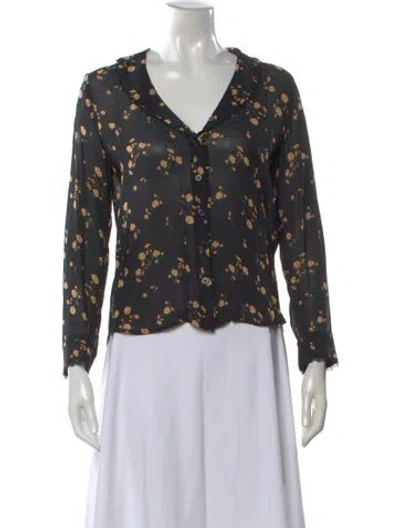Pre-owned Reformation Floral Print V-neck Blouse In Black