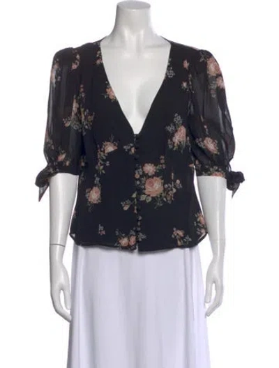 Pre-owned Reformation Floral Print V-neck Blouse In Black