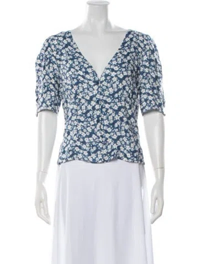 Pre-owned Reformation Floral Print V-neck Blouse In Blue