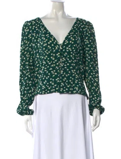 Pre-owned Reformation Floral Print V-neck Blouse In Green
