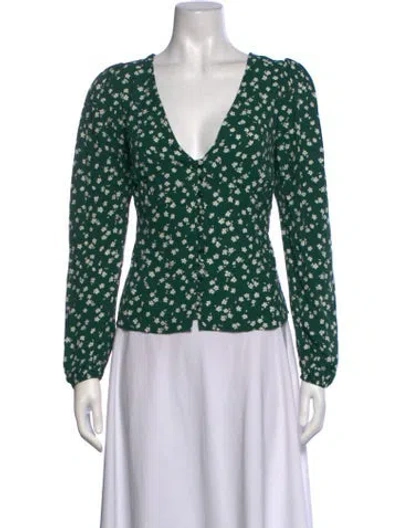 Pre-owned Reformation Floral Print V-neck Blouse In Green