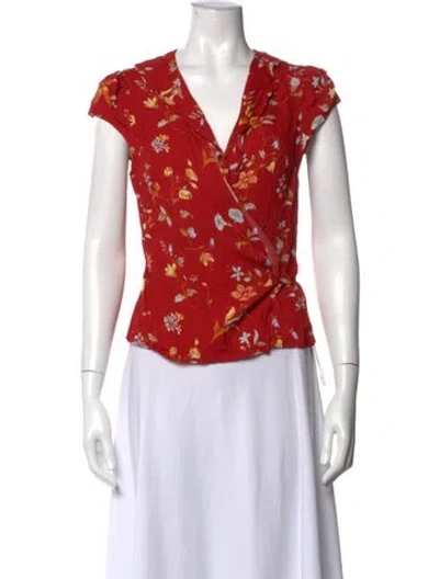 Pre-owned Reformation Floral Print V-neck Blouse In Red