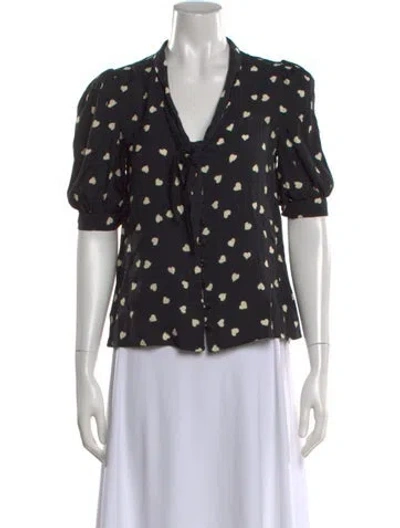 Pre-owned Reformation Floral Print V-neck Blouse W/ Tags In Black