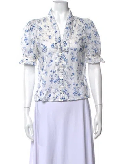 Pre-owned Reformation Floral Print V-neck Blouse In White