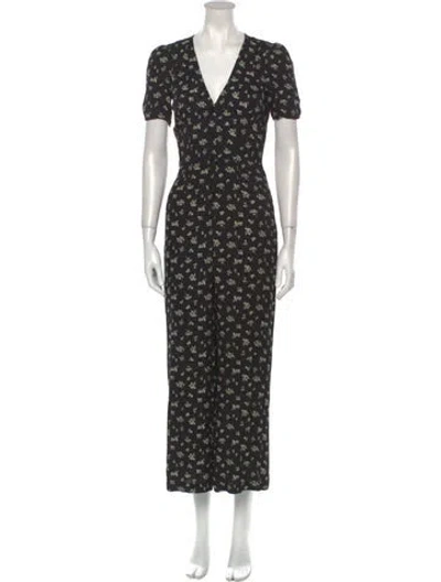 Pre-owned Reformation Floral Print V-neck Jumpsuit In Black