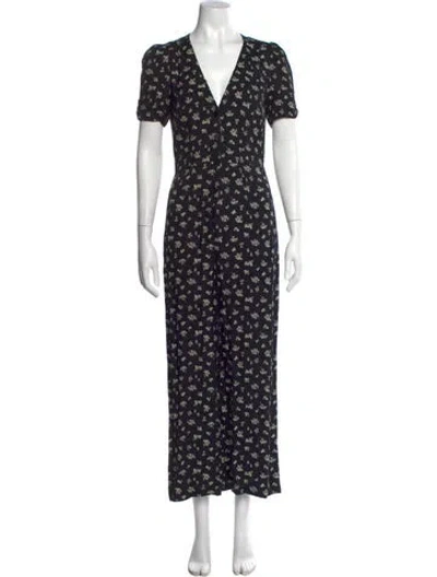 Pre-owned Reformation Floral Print V-neck Jumpsuit In Black