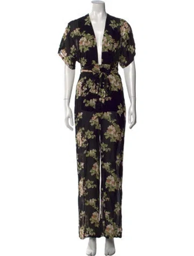 Pre-owned Reformation Floral Print V-neck Jumpsuit In Black