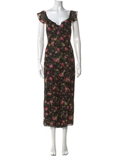 Pre-owned Reformation Floral Print V-neck Jumpsuit In Black