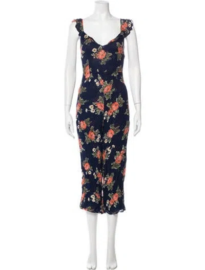 Pre-owned Reformation Floral Print V-neck Jumpsuit In Blue