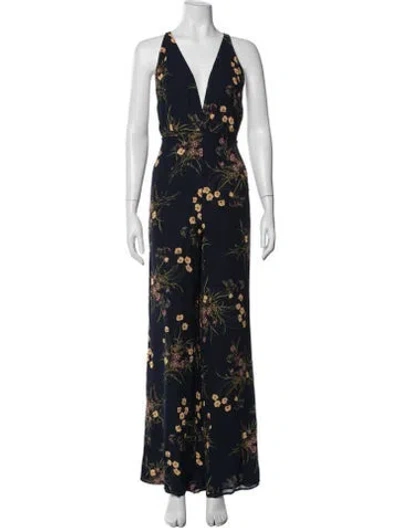 Pre-owned Reformation Floral Print V-neck Jumpsuit In Blue