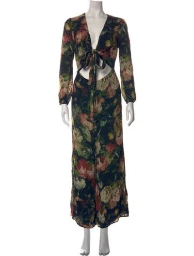 Pre-owned Reformation Floral Print V-neck Jumpsuit In Blue