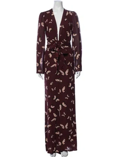 Pre-owned Reformation Floral Print V-neck Jumpsuit In Burgundy