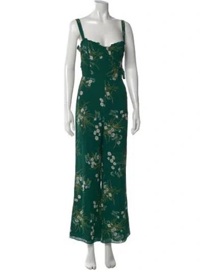 Pre-owned Reformation Floral Print V-neck Jumpsuit In Green