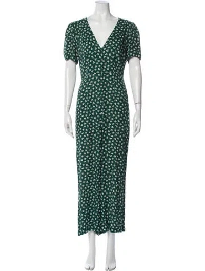 Pre-owned Reformation Floral Print V-neck Jumpsuit In Green