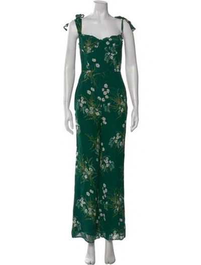 Pre-owned Reformation Floral Print V-neck Jumpsuit In Green