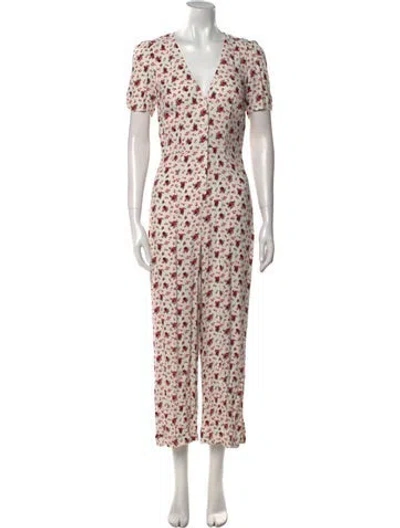 Pre-owned Reformation Floral Print V-neck Jumpsuit In White