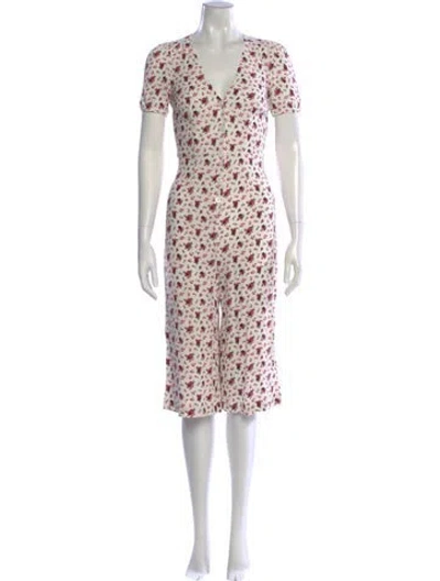 Pre-owned Reformation Floral Print V-neck Jumpsuit In White