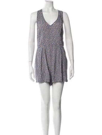 Pre-owned Reformation Floral Print V-neck Romper In Blue