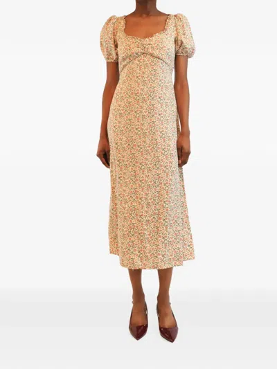 Pre-owned Reformation Floral-print Puff-sleeve Midi Dress In Neutral