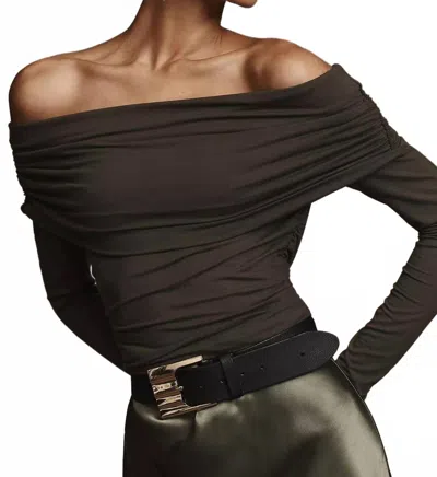 Reformation Florentina Off Shoulder Knit Shirt In Olive In Green