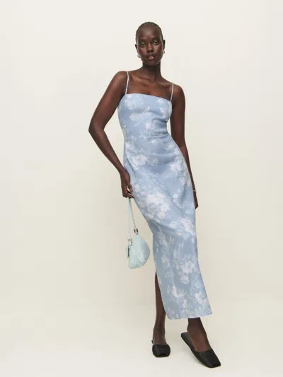 Reformation Frankie Floral-print Silk Dress In Blue