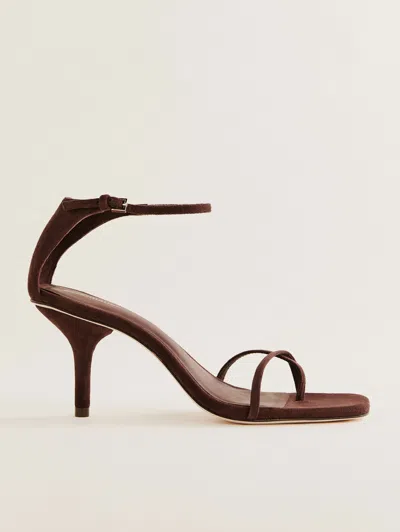 Reformation Gigi Strappy Mid Heel Sandal In Chocolate Suede
