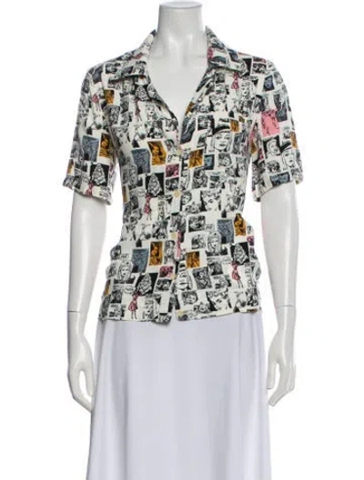 Pre-owned Reformation Graphic Print Short Sleeve Blouse In White