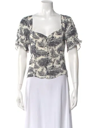 Pre-owned Reformation Graphic Print Square Neckline Blouse In Green