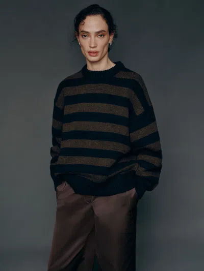Reformation Gwen Oversized Regenerative Wool Sweater In Navy/espresso Stripe