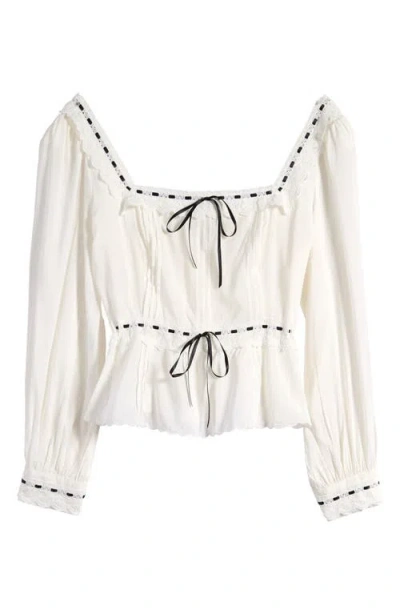 Reformation Haisley Ribbon Accent Organic Cotton Peplum Top In White