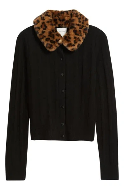 Reformation Hannah Wool Cardigan With Faux Fur Collar In Black