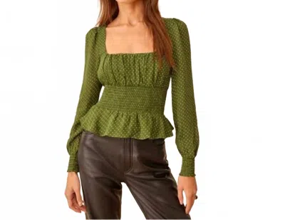 Reformation Hearth Smocked Long Sleeve Blouse In Green Polka Dot In Multi