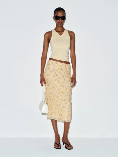 Reformation Helen Low Waist Midi Skirt Yellow Embellished 10 In Neutral