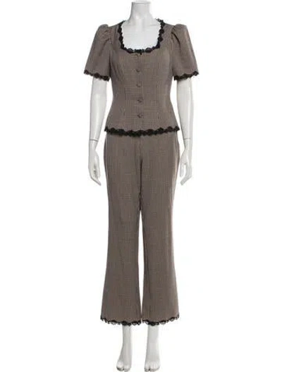Pre-owned Reformation Houndstooth Print Lace Trim Embellishment Pant Set In Brown
