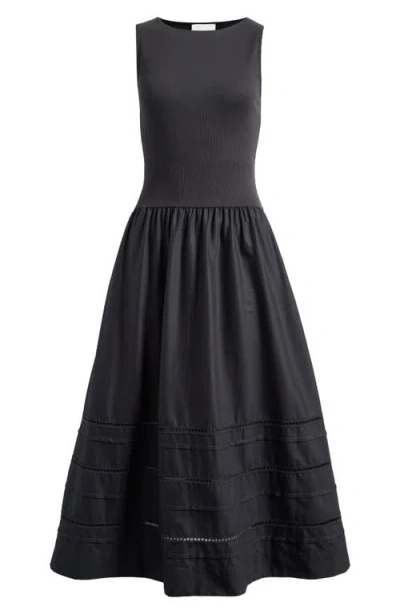 Reformation Idelle Fit & Flare Stretch Organic Cotton Midi Dress In Black