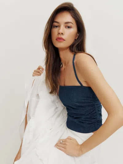 Reformation Irene Denim Halter Top In Blue