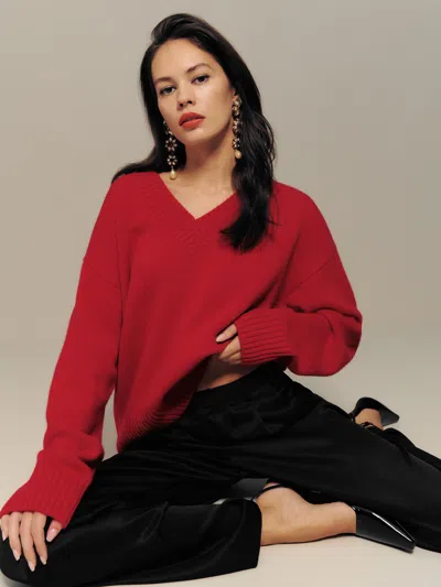 Reformation Jadey Oversized V-neck Sweater In Cherry