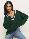 Reformation Jadey Cashmere Oversized V-neck Sweater In Dark Pine Gossamer Stripe