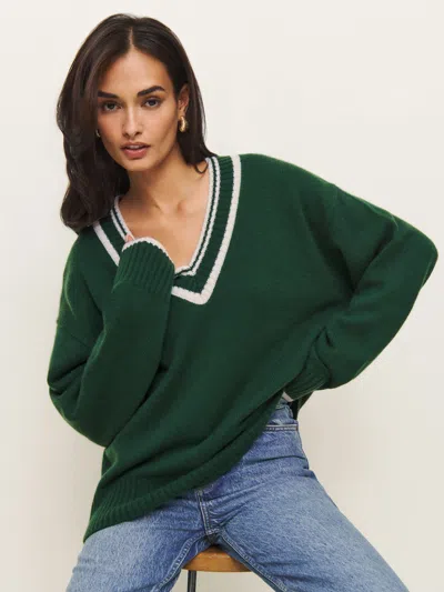 Reformation Jadey Cashmere Oversized V-neck Sweater In Dark Pine Gossamer Stripe