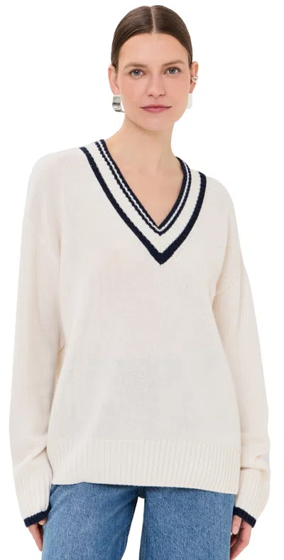 Reformation Jadey Cashmere Oversized V Neck Sweater Gossamer Navy Stripe