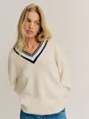 Reformation Jadey Cashmere Oversized V-neck Sweater In Gossamer Navy Stripe