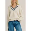 Shop Reformation Jadey Oversize Tipped Cashmere Sweater In Gossamer Navy Stripe