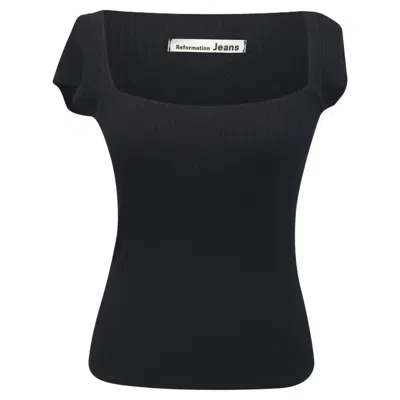 Pre-owned Reformation Jeans Ribbed-knit Blouse In Black Tencel