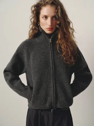 Reformation Joann Regen Wool Zip Sweater Jacket Grey Large In Black