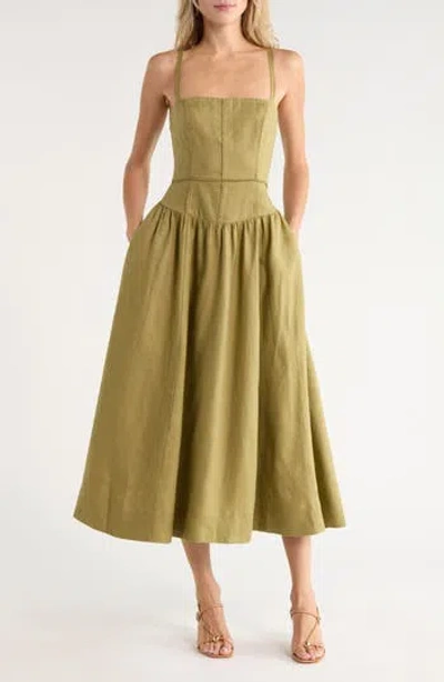 Reformation Katarin Linen Midi Dress In Olive Oil